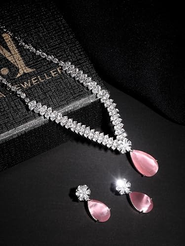 Image of ASMITTA Jewellery American Diamond Necklace Set Rhodium Plated Choker Necklace with Earrings for Weddings, Parties & Festivals
