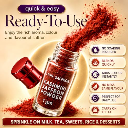 Image of LION BRAND SAFFRON 1g Original Kashmiri Saffron Powder | Pure Kesar /Keshar /Kumkuma Puvvu | Saffron for Biryani, Milk, Tea, Sweets, Cooking, Puja, Tilak, Face Pack, Skin Care, Men, Women & Pregnant Women (1gram)