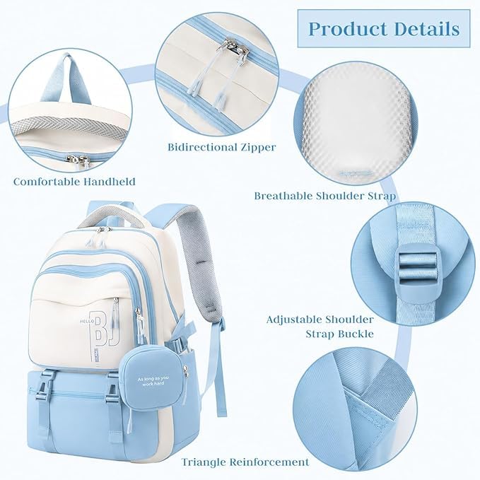 Image of Girls School Backpack with Small Zipper Pouch Fashion Nylon Backpack Multi Compartment Large Capacity Bag with Padded Shoulder Straps & Handle for School Travel Camping College