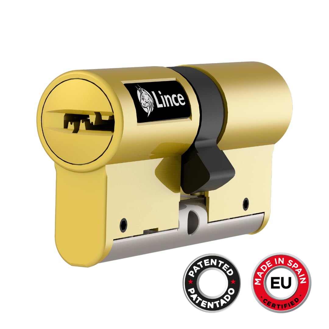 Cilindro de alta seguridad LINCE C7 L30+30, triple bloqueo patentado, anti-golpes, anti-rotura, función desbloqueable (antipánico), 5 llaves reversibles, certificado EN 1303:2016. | Triple bloqueo patentado, anti-bumping, anti-rotura, función antipánico y