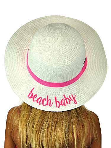 C.C Children's Weaved Crushable Beach Embroidered Quote Flop Brim Sun Hat, Beach Baby in White