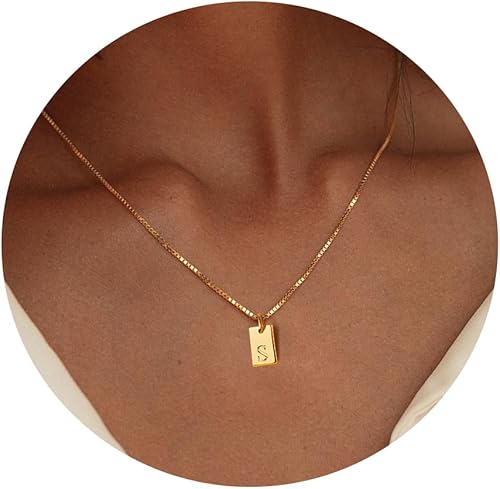 Poxtex Gold Initial Necklaces for Women Non Tarnish, 14K Gold Dainty Square Letter Pendant Necklace Waterproof A-Z Trendy Thin Chain Name Necklace