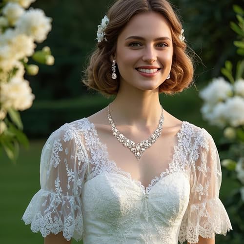 BriLove Large Statement Jewelry Set for Women Austrian Crystal Teardrop Cluster Big Long Necklace Dangle Earrings Clear Rhodium-Tone