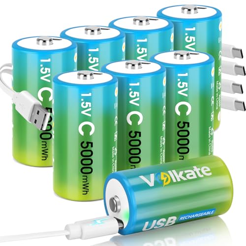 volkate C Batteries 8 Pack, USB Rechargeable Lithium C Cell