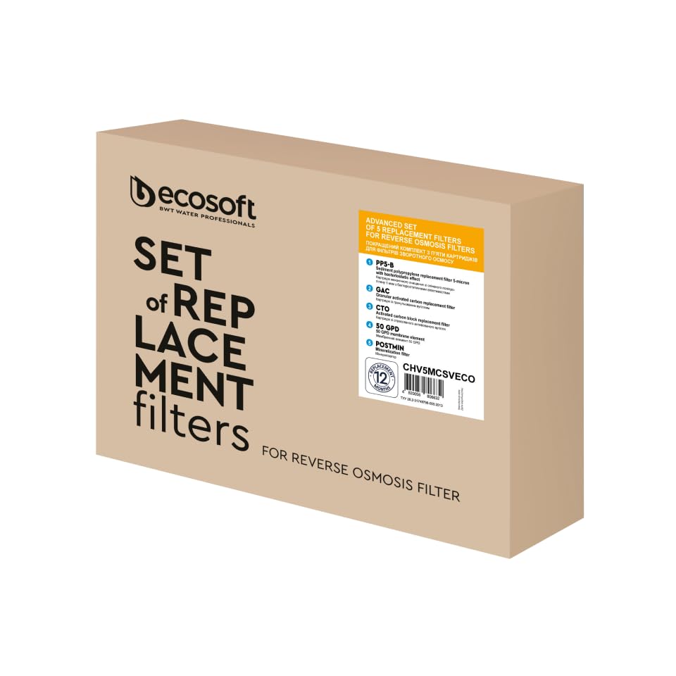 Ecosoft filtro de ósmosis inversa – Set de recambios 5 etapas para agua con alto contenido de cloro – Compatible con sistemas Standard PRO – Instalación bajo fregadero