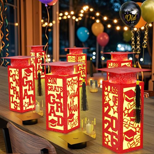6 Pcs Graduation Table Centerpieces Boxes Class of 2026, Red Graduation Paper Lanterns Boxes with String Lights Hollow Out for Congrats Grad School College Table Decorations Grad Party Photo Props