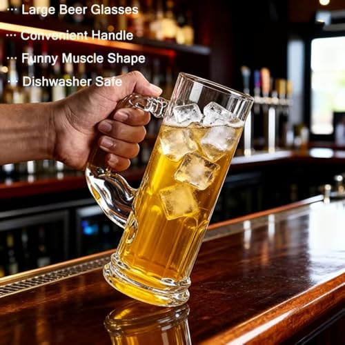 Image of WRINGO Beer Mugs Set of 2, 550ML Glass Mug with Handle, Large Big Heavy Mugs for Freezer, Multipurpose Mugs, Dishwasher & Microwave Safe (BR-09)
