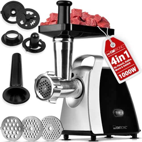 Clatronic Fleischwolf 1000W Mit Aufsatz für Plätzchen & Spritzgebäck | 3 Metall-Scheiben | Vor-/Rücklauf | Wurstfüller | Metall-Hals u. Schnecke | FW 3803