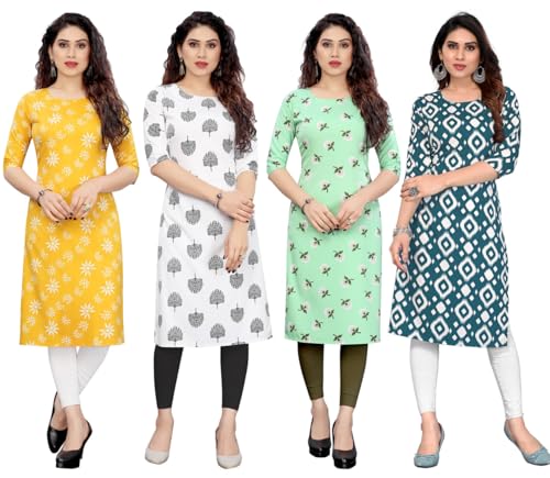 Image of JAKHANA Women's Crepe Printed Casual Straight Calf Length Round Nick Kurta Pack of 4