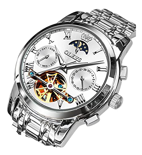 Image of OLEVS Men Watch Automatic Mechanical Skeleton Moon Phase Dress Business Stainless Steel 3AT Waterproof Luminous Men Wrist Watch