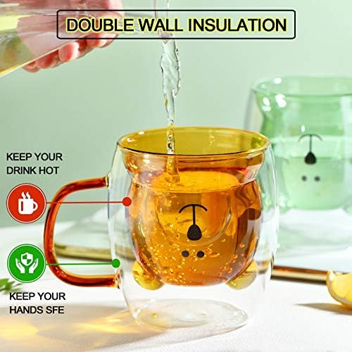 MUCHENGGIFT Cute Coffee Mugs Bear Tea Cup Milk Double Wall Glass Espresso Funny Mugs Valentine's Day Birthday Gifts for You,Women