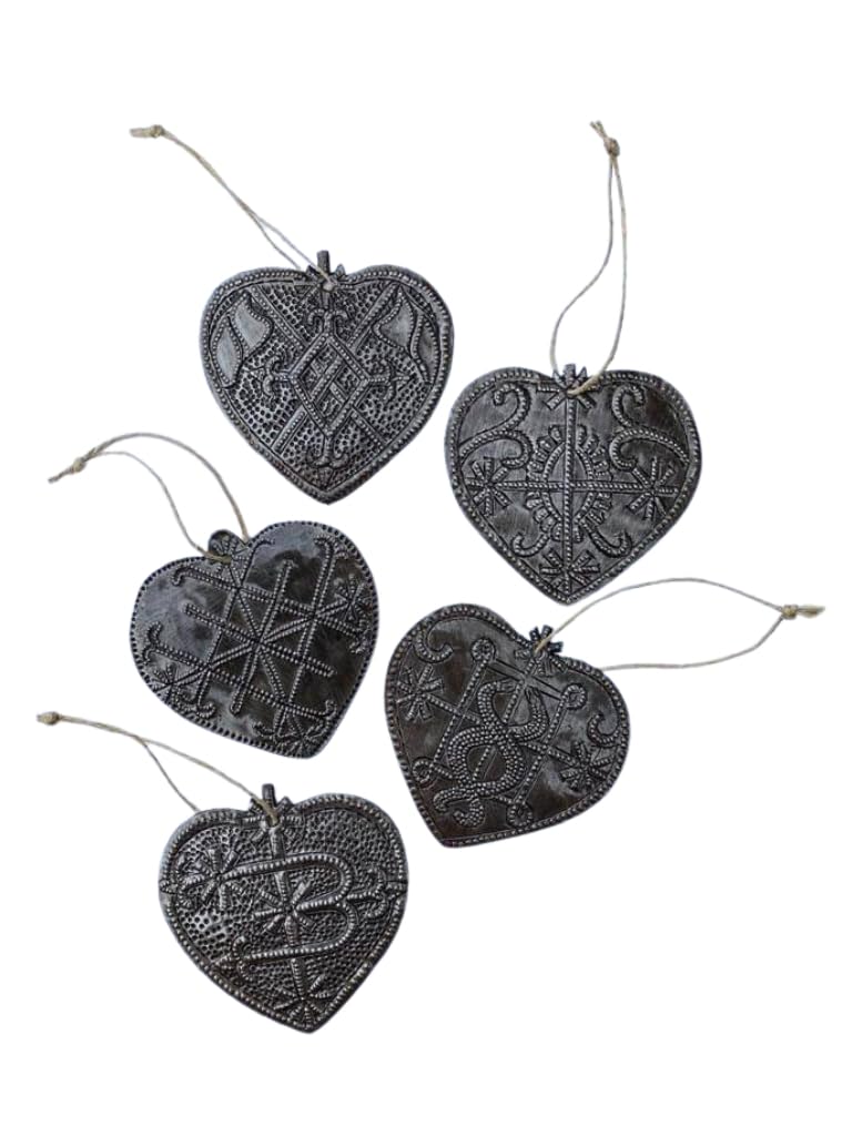 Handmade Heart Wall Decor Metal Veve Symbol Ornaments Set of 5 2.5 Inches Haitian Recycled Steel Art Eco-Friendly Upcycled Gifts