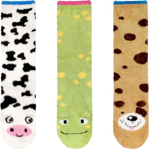 Image of BambooMN Super Soft Warm Cute Animal Face Non-Slip Fuzzy Crew Winter Home Socks, Value Pack