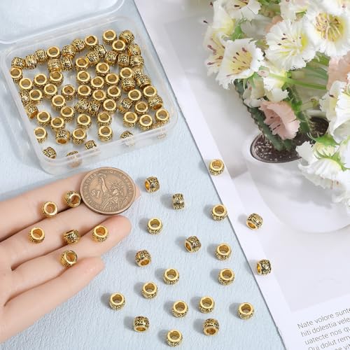 SOFPLATE 1 Box 100pcs Tibetan Spacer Beads Large Hole Alloy Beads Antique Golden European Rondelle Loose Spacers Bead Barrel Tube Spacers Bead for jewellery Making Necklace Bracelet Accessories Craft - Image 3