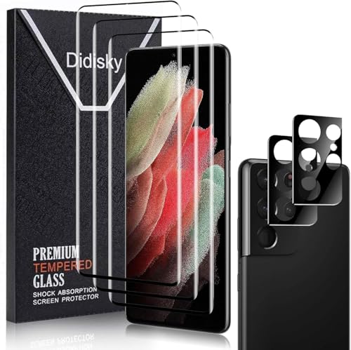 Didisky 3+2 Pack Screen Protector for Samsung Galaxy S21 Ultra Tempered Glass and Camera Lens Protector 3D Curved Full Coverage Easy to Use Bubble Free 9H Scratch-Resistant HD