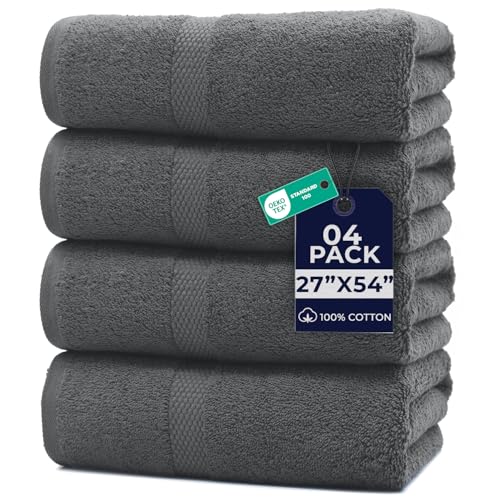 Image of DAN RIVER Bath Towels Set of 4, 27 x 54 Inches, 100% Cotton, Larger & Lighter Weight, Quicker to Dry, Super Soft and Absorbent, Ideal Gray Bath Towels for Daily Use
