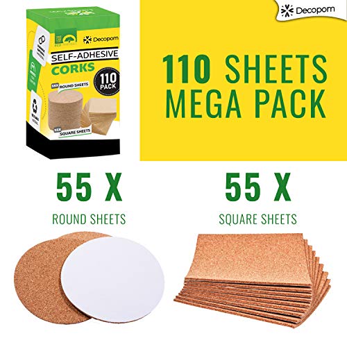 Self Adhesive Cork Squares And Round - Premium 110 Pack Mini Corks 4" X 4" Board Sheets Tiles With 1/8" Thickness - Natural Corkboard Mats For Backing Also Used As Coasters Diy Drawing Craft Wall #TOP1
