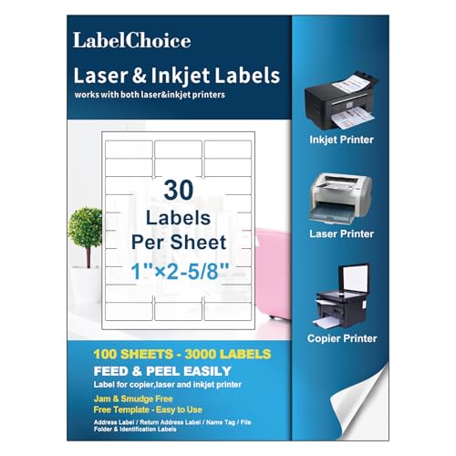 Image of 100 Sheets 3000 Pcs 30-up 1 inch x 2-5 /8 inch Shipping Address FBA Labels for Laser & Inkjet Printers, 30 Up Labels 1 x 2-5 /8 on US Letter,30 per Sheet Return Address Stickers, 30 per Page