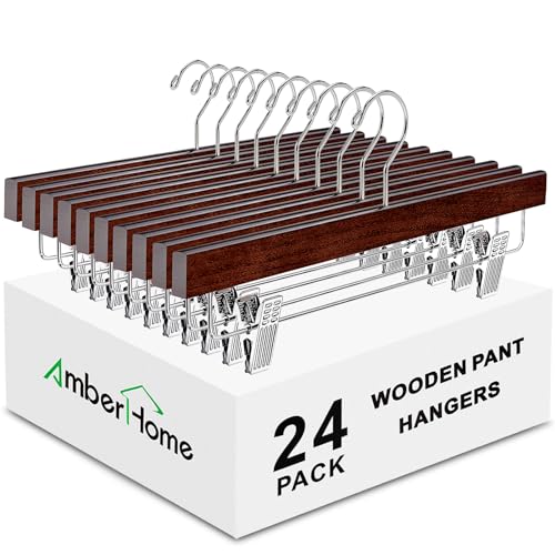 Amber Home Gugertree - Perchas de Madera para Pantalones de Vaquero con 2 Clips Ajustables, Gancho antióxido, 24 Unidades