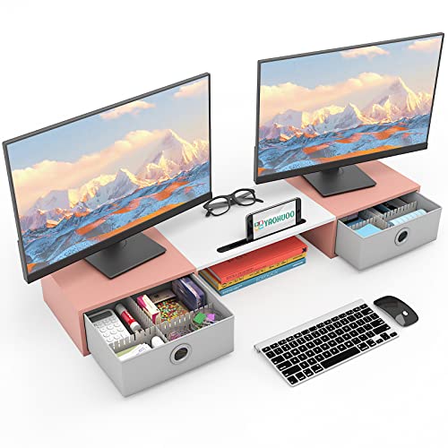 YAOHUOO Dual Monitor Stand with 2 Drawers, Computer Monitor Riser for 2 Monitors, Large Desktop Organzier with Storage for PC/Laptop/Computer/TV Screen/Printer,White & Pink