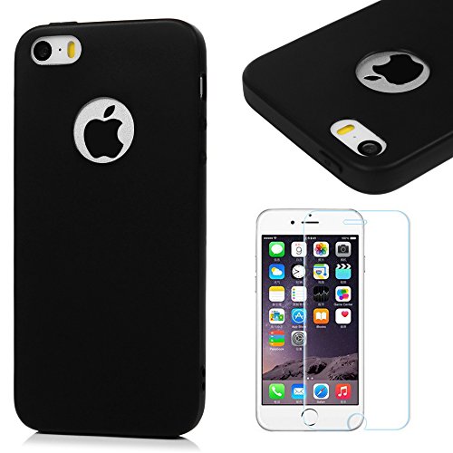 Funda iPhone SE, iPhone 5S Carcasa Silicona Gel Mate + Vidrio Templado Protector de Pantalla - Mavis's Diary Case Ultra Delgado TPU Goma Flexible Cover para iPhone 5/5S/SE - negro