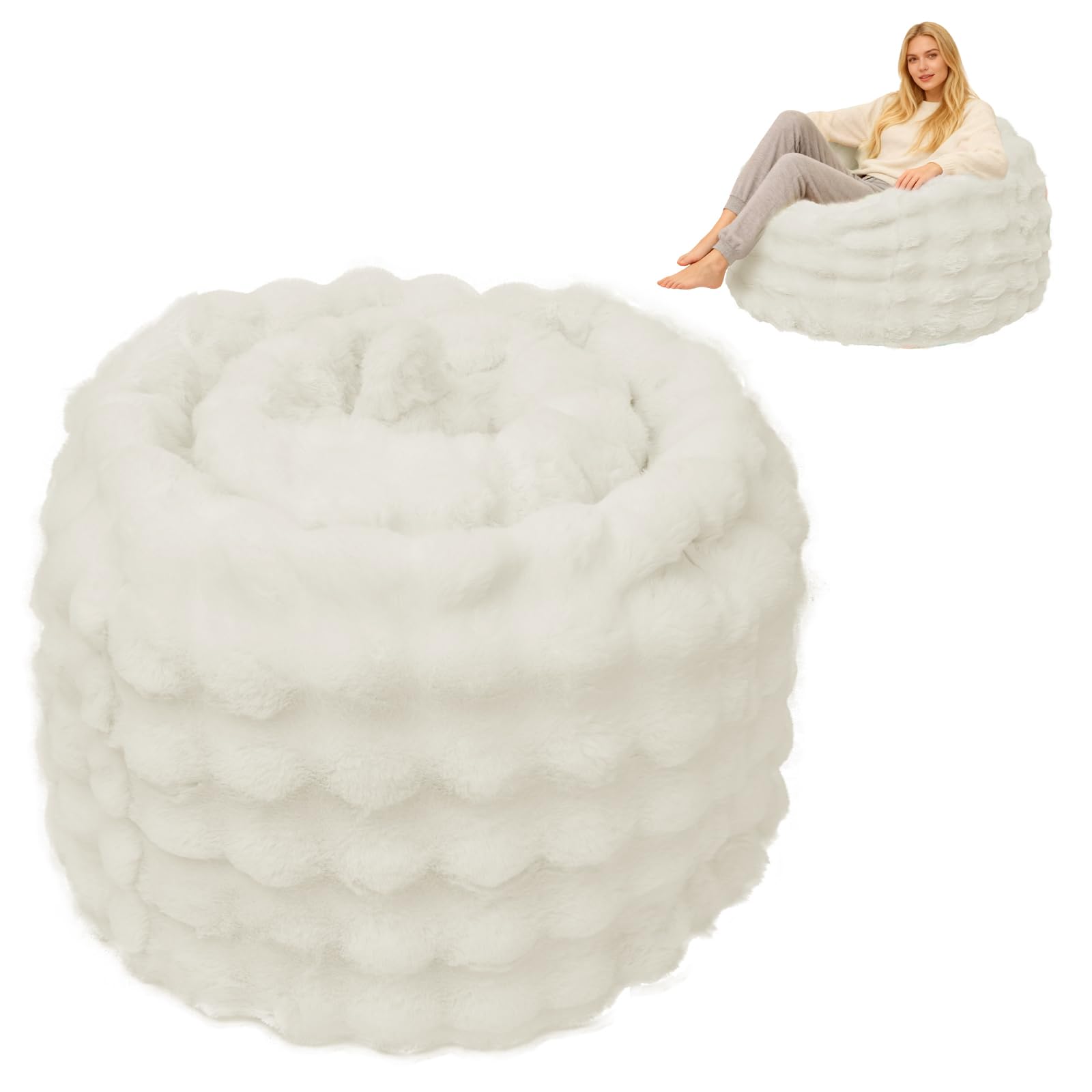 YUNYOUC Faux Fur Bean Bag Cover for Living Room(No Filler), Fluffy Stuffed Animal Storage Bean Bag Chair Cover, Anti-slip Furry Fuzzy Big Beanbag for Adult Teen Kid Girl(White 96x96x101 cm)