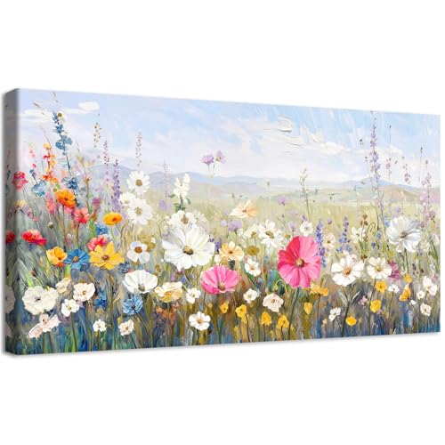 Tableau Fleurs Sauvages sur Toile 50x100 cm avec Cadre en Bois Déco Salon