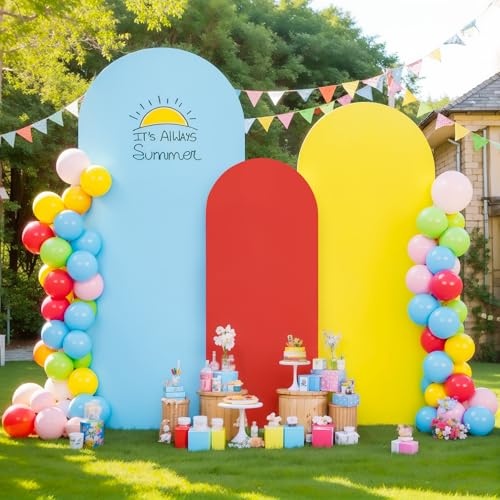 Image of Red Yellow Blue Arch Backdrop Cover Set of 3 Spandex Photo Arch Covers Stretchy Backdrop Baby Shower Birthday Party Arch Covers 7.2 6.6 6 FT Arch Stand Cover Bridal Shower Banquet Decoration