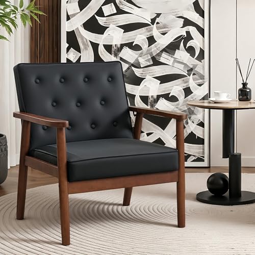 Image of STHOUYN Waiting Room Accent Chairs, Black Leather ArmChairs, Office Guest | STHOUYN Mid Century Modern, Wood Arms, Office Lobby Living Room Chair