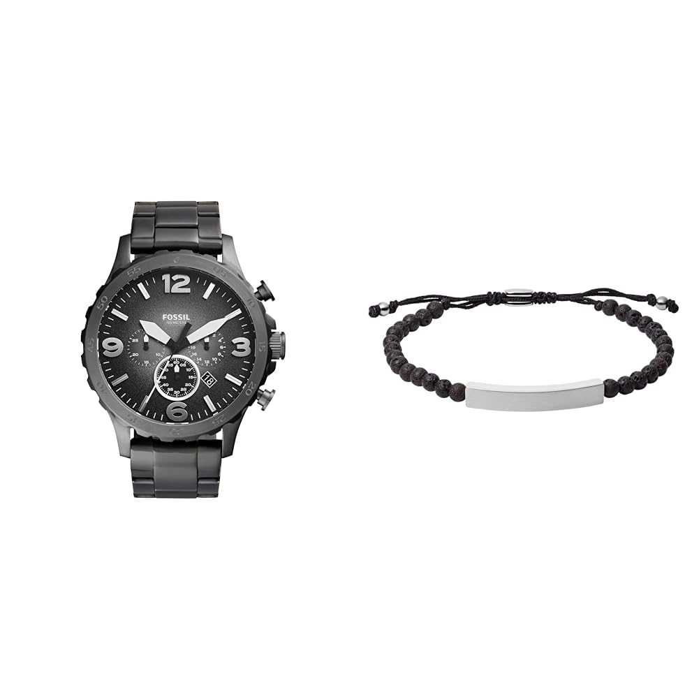 Fossil Hombre Nate Gris Acero Inoxidable Reloj y Ellis Negro Piedras Semipreciosas Pulsera, Set