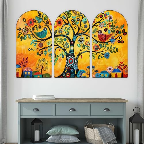 Image of Livin'luxe Set of 3 Folk Art Tree of Life Wall Painting for Living Room, Bedroom, Hotels - Big Size stylish frame 50 inch x 30 inch Wall Art for Home Decoration RPNL-27