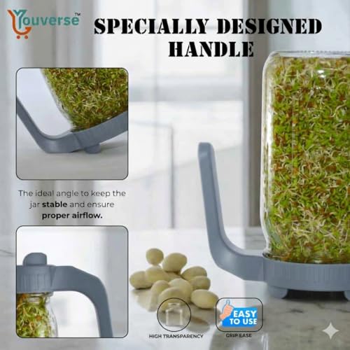 Image of Sprouts Maker Glass Jar - 950ml Large Sprouts Maker Jar for Home Use | BPA-Free Sprouting Jar with Drain Lid Handle | Airflow, Odor-Free, Easy Drainage, and Hygienic Glass Design (Grey)