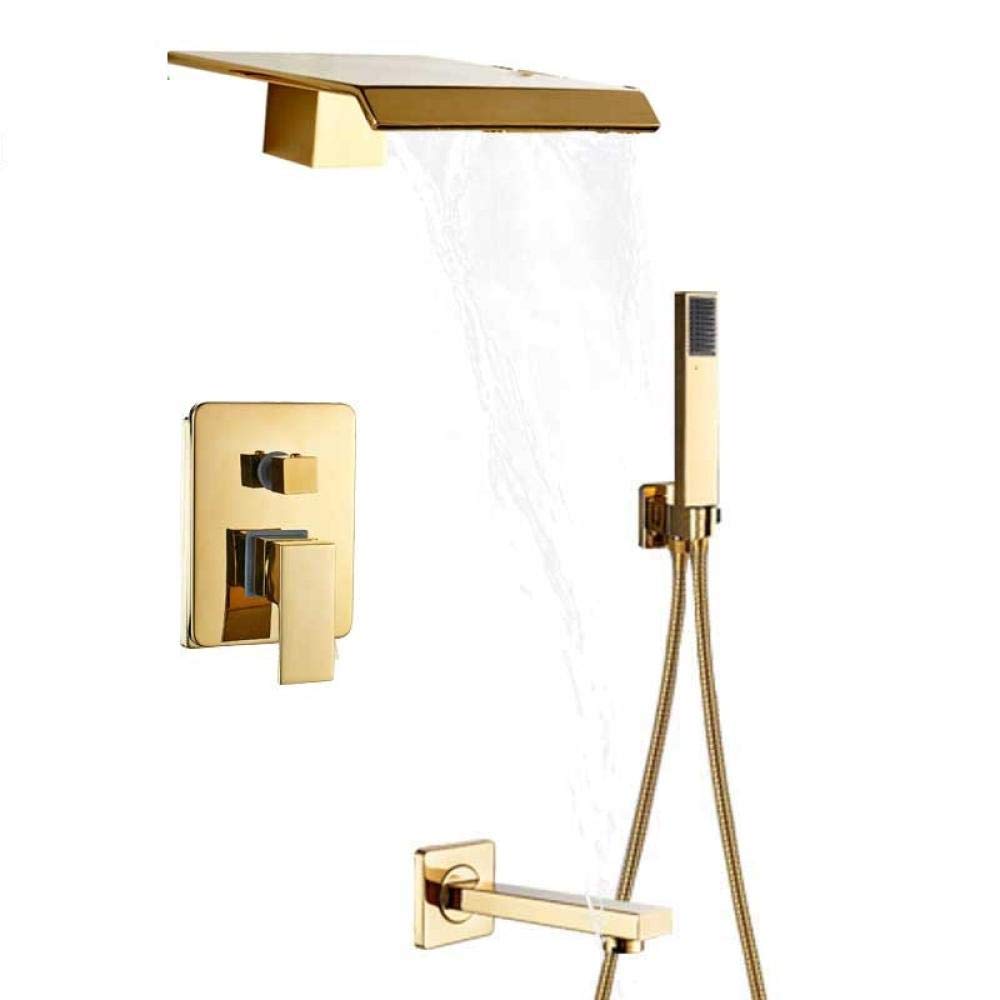 Yniyujkl Golden Waterfall Shower Faucet Set Wall Mounted Bathroom Mixer Tap Bathroom Shower Set With Handshower