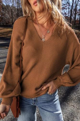 Women's Camel Ribbed Knit Drop Sleeve V Neck Loose Fit Sweater - Cozy & Chic2
