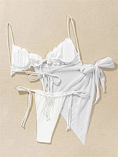 Lilosy Sexy 3 Piece Skirt Cover Ups Bikini Set Ruffle Ribbed G String Tie Triangle Thong Coverups Swimsuit Women High Cut Cheeky Brazilian Bottom Bathing Suit White Medium #TOP2