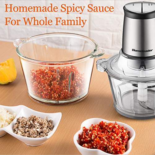 Electric Food Chopper, 8-Cup Food Processor by Homeleader, 2L BPA-Free Glass Bowl Blender Grinder for Meat, Vegetables, Fruits and Nuts, Fast & Slow 2-Speed, 4 Sharp Blades