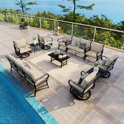 Image of 11 Pieces Patio Conversation Sets, All-Weather Metal Swivel Rocking Chairs with Rope Furniture Set, Outdoor Sofa Couch for Deck, Porch, Garden, Backyard, Poolside (Beige Cushions)