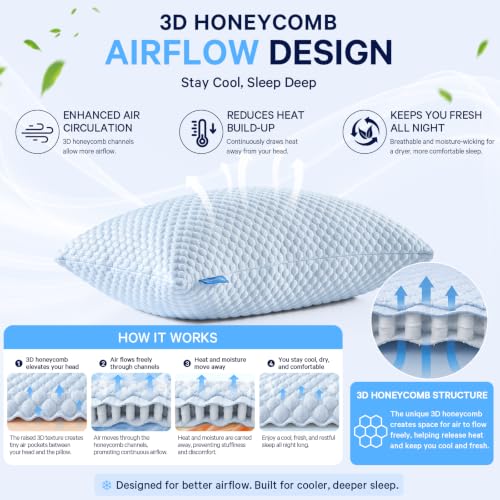 Image of BETU Cooling Pillow Queen Size Set of 2, Breathable Shredded Memory Foam Cool Pillow for Hot Sleepers, Adjustable Soft Support Pillows for Side, Back, Stomach Sleepers, 3D Honeycomb Breathable Cover