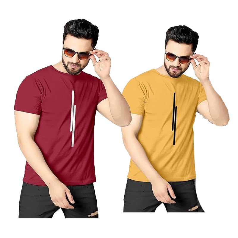 Image of Classic Men Solid Polyester Round Neck Tshirt || 11 Lines Graphic, Regular Fit, Comfortable T-Shirt for Men (Pack of 2)