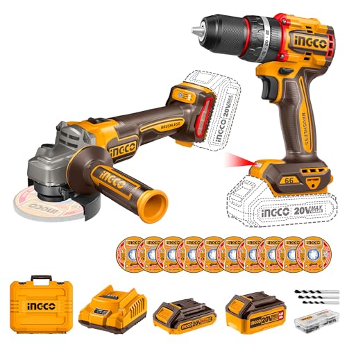 INGCO Cordless Angle Grinder & Cordless Drill Combo Kit, Bru...