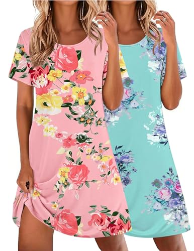 Image of Ekouaer 2 Pack Nightgowns for Women Sleepshirt Short Sleeve Night Shirts