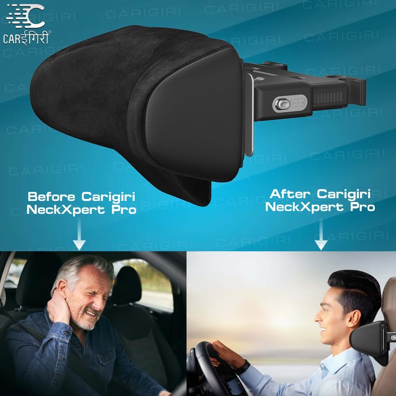 Image of Carigiri 4-way Adjustable Car Neck Rest NeckXpert Pro | 1 Year Warranty |Memory Foam Neck Pillow with Mobile Holder and Multi-utility hook, Car Seat Head Rest Cushion for Neck Support(Black,Pack of 1)