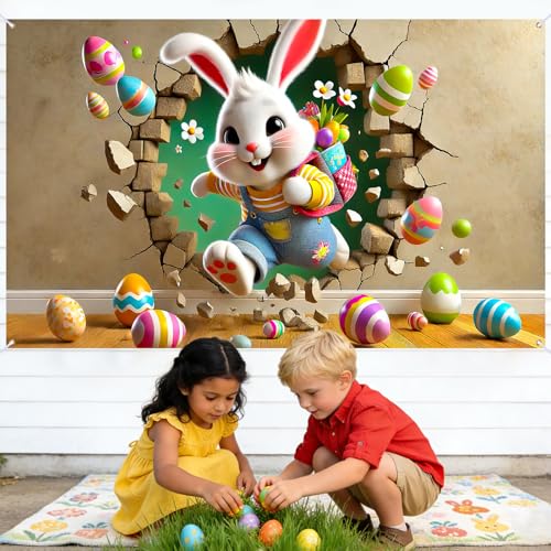 Image of Nuxovilar Large Easter Banner 43x71 Polyester Backdrop | Holiday Poster Spring Banner 3D Bunny Decor Home Room Hall (Easter Banner)
