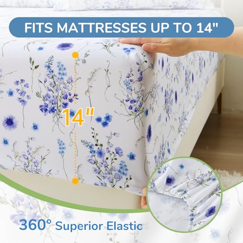 Image of MUXHOMO Full Size 4 Piece Sheet Set, Soft & Breathable Sheet Set for Bedroom with Deep Pocket Up to 16 inch, Wrinkle-Free & Cooling Bed Sheet with Flat Sheet, Fitted Sheet & Pillowcases - Indigo Mystical