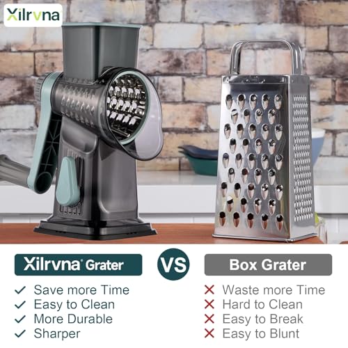 Image of Rotary Cheese Grater with Handle Kitchen Shredder Slicer Grater Slicer Ice Shaver Cheese Vegetable Nuts Potato Zucchini Chocolate 3 Interchangeable Blades (GreyBlue)