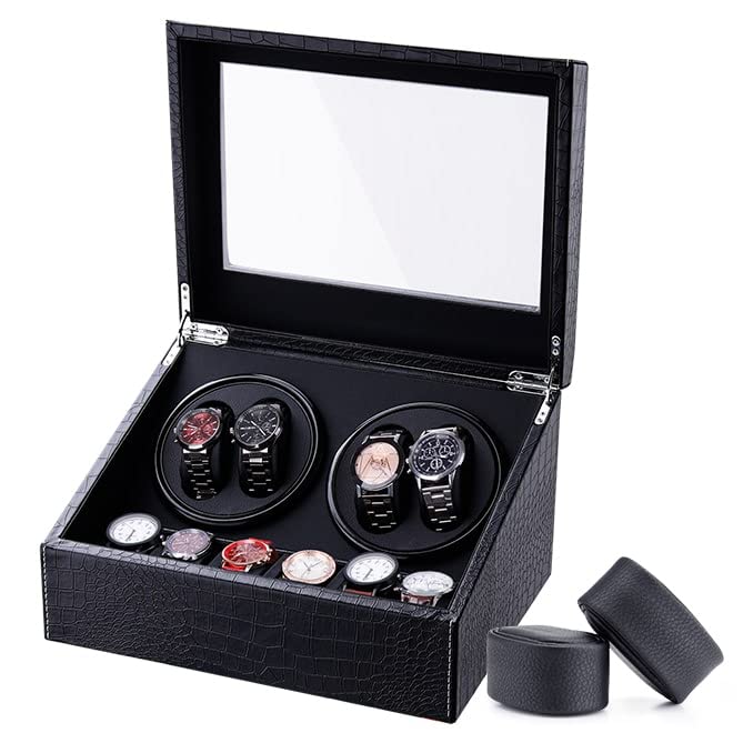 LALAHOO Watch Winder for Automatic Watches, Ultra Quiet Motor for 4 Automatic Watches with 6 Watches Storages, PU Leather Crocodile Styling