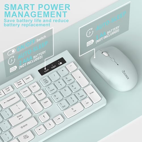 Image of Wireless Keyboard and Mouse Combo, Full-Sized Wireless Keyboard and Adjustable DPI Mouse, 2.4GHz USB Receiver, Keyboard and Mouse for PC, Windows, Desktop, Laptop (Mint Green and White)