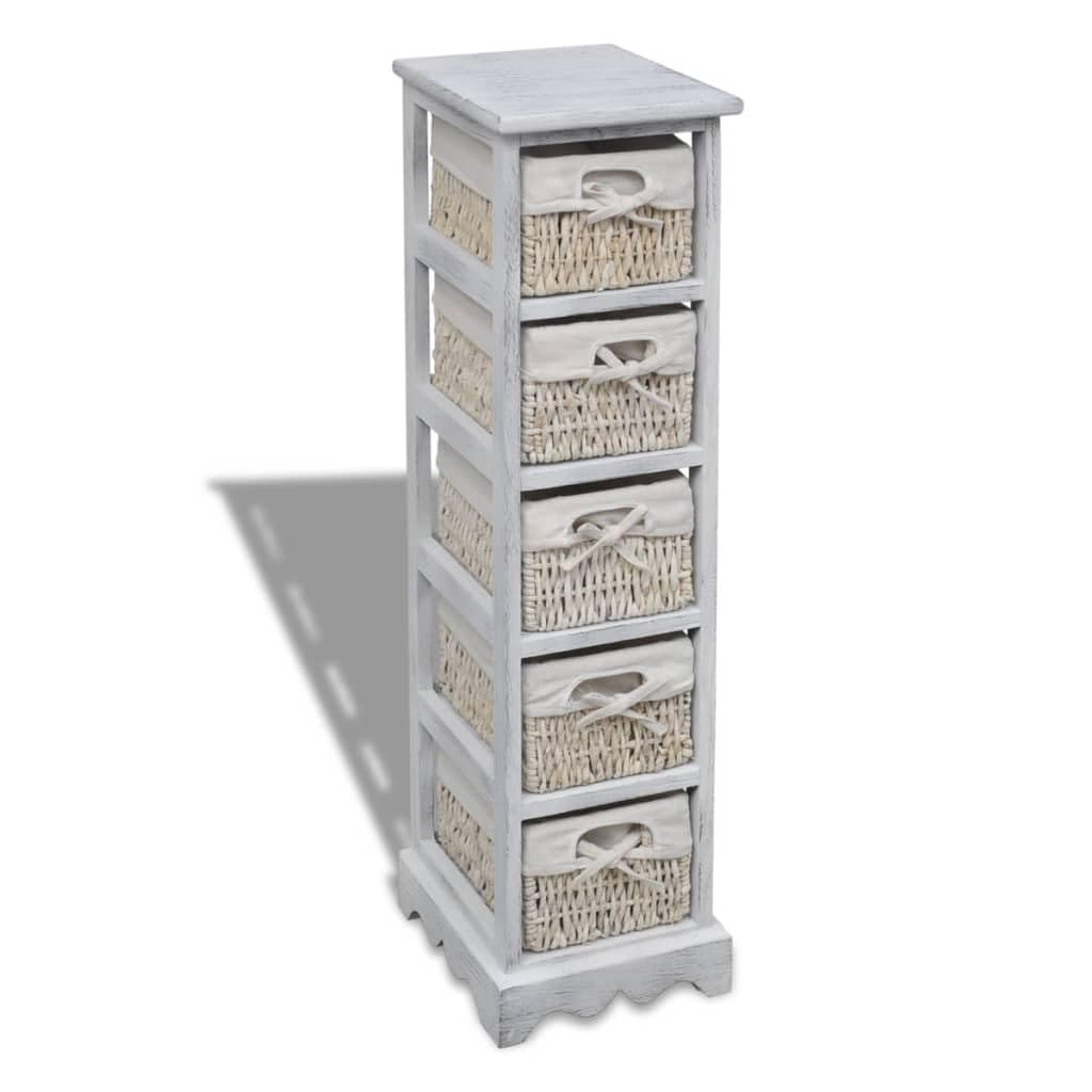 Korbregal Weiß 25x28x90 cm Paulownia Holz Kleiner Aufbewahrungsschrank mit 5 Körben Landhaus Look Stabiler Garderobenschrank für Badezimmer Flur und Schlafzimmer