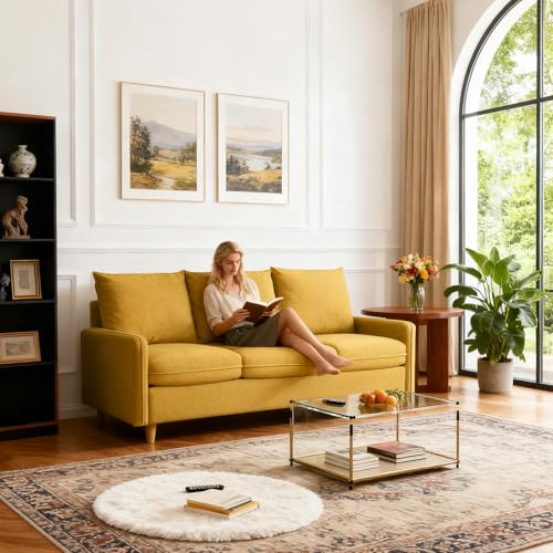 Meeyar 3 Sitzer Sofa, 221 cm Kleines Sofa mit Massivholzbeinen und Seitentaschen, Abnehmbare Bezüge, Kurzplüschstoff Sofa für Wohnzimmer, Schlafzimmer, Büro, Wohnung,Gelb