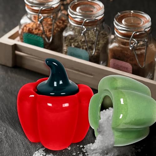 Image of QIMACPLUS Ceramic Capsicum Decorative Pickle Jar| Food Storage Jar | Multipurpose aachar, masala Jar For kitchen and Dining table 500 ML set of 2 Green and Pink